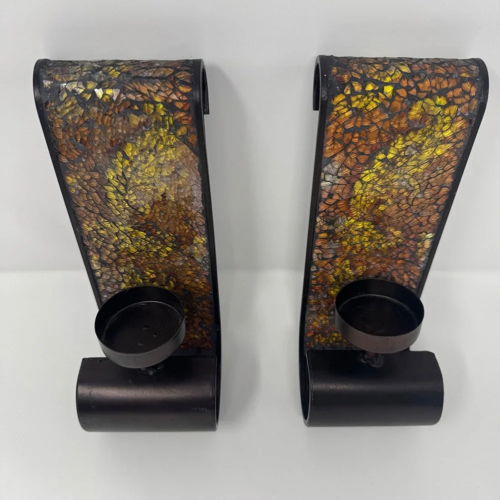 Wall Candle Sconces Mosiac Glass Pair Stained Glass Brown Metal Set of 2